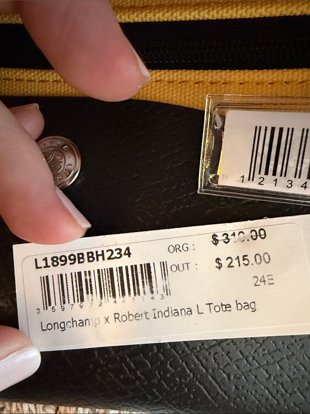 Longchamp x Robert Indiana One Cent Le Pliage - Yellow Tote with Black Trim - Picture 5 of 5
